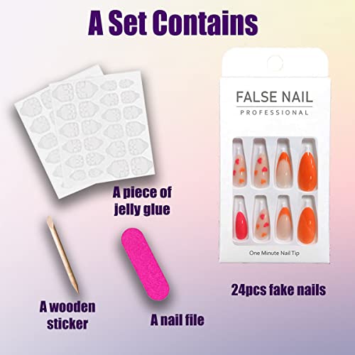 Qingge French Heart Press On Nails Short Glossy Fake Nails Hot Pink And Orange False Nails With Pattern Stick On Nails Nude Acrylic Nails Summer Glue On Nails For Women 24Pcs #TOP2
