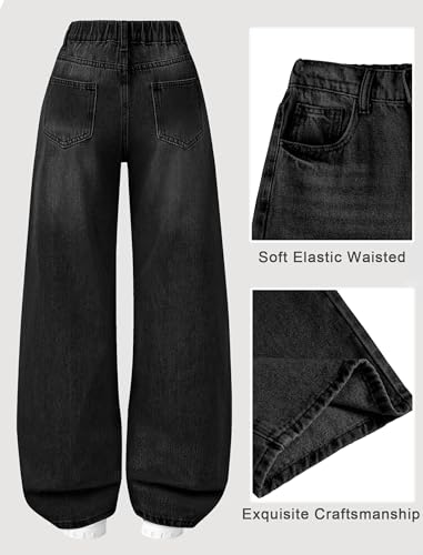 Image of Jeans for Girls Baggy Wide Leg Cute Bow High Elastic Waisted Denim Pants Y2K Boyfriend Skater Streetwear 7-14Y