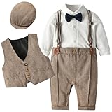 [SLINX] ベビー 男の子 フォーマル 子供 ロンパース スーツ 紳士服 長袖 シャツ サスペンダー ツイード ベスト パンツ リボン イギリス風 洋装フォーマル キッズ やわらかい 綿 お誕生日 卒園式 お出かけ BXZ13 (カーキ, 80)