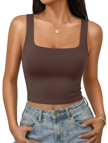 Avidlove Crop Top for Woman Square Neck Tank Double Lined Going Out Slimming Fitted Basic Summer Tops Brown