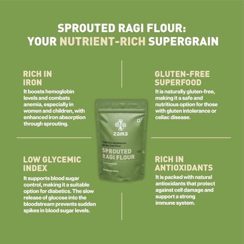 Image of Zama Organics Sprouted Ragi Flour 1kg Pack of 2| 100% Organically Grown Natural Nachni Atta | Gluten Free Finger Millet Flour | No Additives or Preservatives | Low Glycemic Index