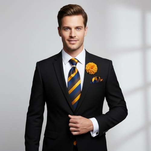 Image of 5PCS Mens Silk Designer Tie, Pocket Square, Cufflinks, Drilled Tie Ring and Lapel Pin Set for Wedding Groom Party
