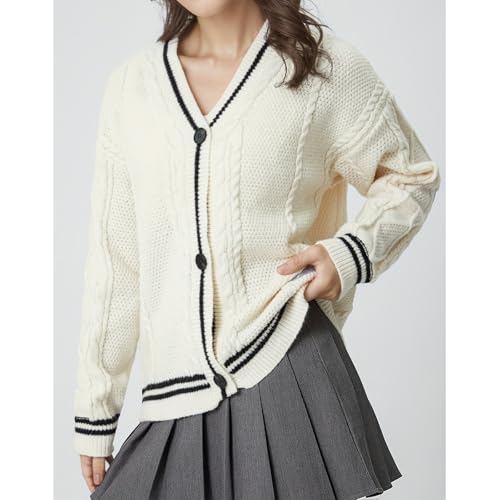 Image of Women's Long Sleeve Cardigan V Neck Stars Button Down Oversized Open Front Sweaters Casual Cable Batwing Knitted Coat