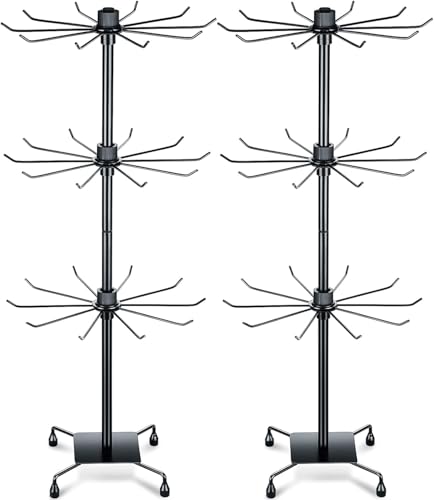 Lemecima 2 Pcs Rotating Jewelry Display Rack with Hooks Metal Earrings Display Stand for Selling Necklace (Black, 3 Tires)