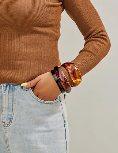 WOWORAMA 3pcs Colorful Resin Acrylic Bangle Bracelets Set for Women Wide Chunky Acrylic Bracelets Stackable Geometric Acetate Resin Bangles Stack Plastic Statement Bracelet