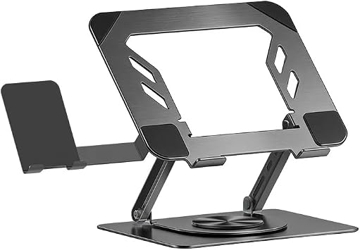 Laptop Stand with Phone Stand | 360 Rotating, Adjustable Height & Tilt Angle, Foldable Dual-Bar Support, Cooling Design, Desk Pad Laptop Riser