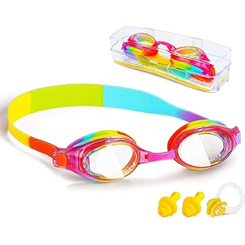 ProChosen Kids Swim Goggles, Waterproof Anti Fog UVA/UVB Protection No Leaking Clear Wide Vision Soft Silicone Gasket Swimming Glasses with Case, Nose Clip, Earplugs for Boys Girls Youth Kids Cover
