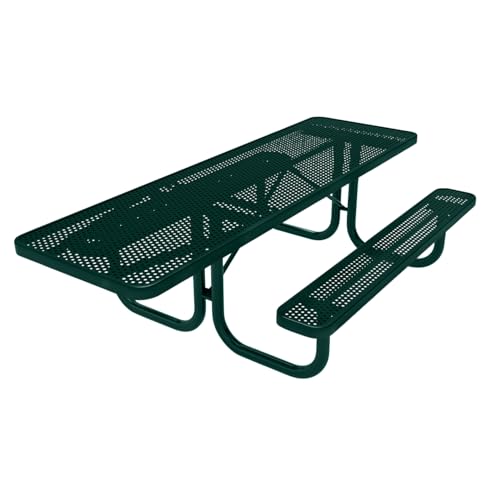 COATEDOUTDOORFURNITURE Heavy-Duty Portable ADA-Compliant Outdoor Picnic Table, Punched Steel Patio Furniture Made in America (8ft Rectangular, One-Side Handicap, Dark Green with Dark Green Frames)