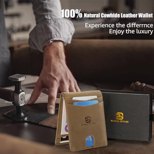 Compact Men's Bifold Wallet - Natural Real Leather RFID Blocking Card Holder with Money Clip Wallet Sleek Vintage Style (Brown)2