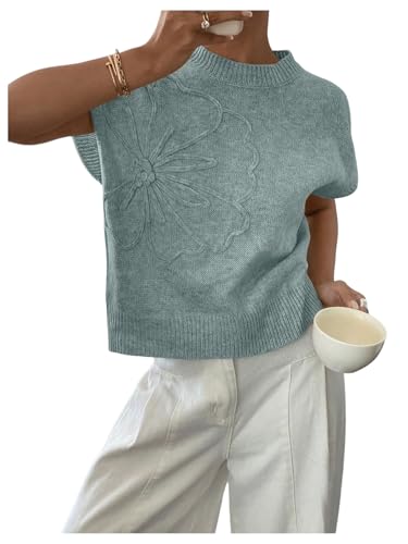 SOLY HUX Women's Ribbed Sweater Crew Neck Short Sleeve Loose Fit Floral Knit Pullover Tops