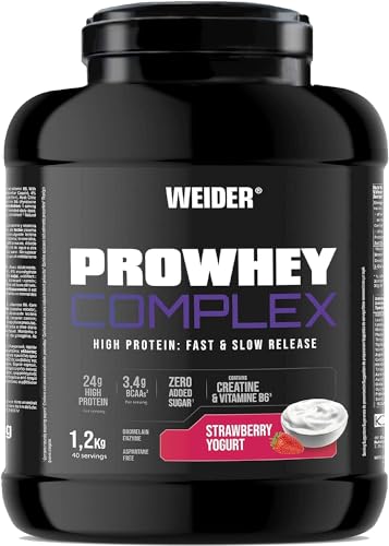 Weider ProWhey Complex (1,2kg) Erdbeer-Joghurt Geschmack Formel auf Basis von Whey Protein Konzentrat & Isolat + Casein, mit 3,4g BCAA/Portion, Creatin, L-Glutamin, MCTs, Vitamin B6, Bromelain