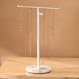Josmimic White Necklace Holder Jewelry Organizer Stand – Adjustable Height T‑Bar Jewelry Display with White Marble Base, Necklace & Bracelet Holder, Countertop Jewelry Tree