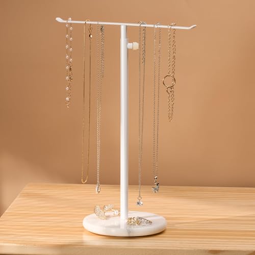 Josmimic White Necklace Holder Jewelry Organizer Stand – Adjustable Height T‑Bar Jewelry Display with White Marble Base, Necklace & Bracelet Holder, Countertop Jewelry Tree