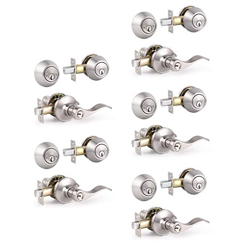 5 Pack Keyed Alike Combo Pack of Entry Door Handles Knob with Double Cylinder Deadbolt, Durable Satin Nickel Finish Door Lockset, Door Handles