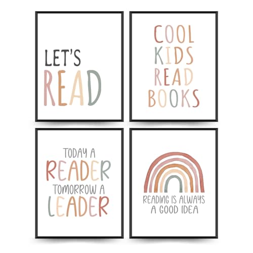 PLKMN Reading Nook Decor for Kids, Boho Rainbow Prints, Let's Read Posters, Classroom and Nook Wall Art, 8x10 Inch, Set of 4, Unframed