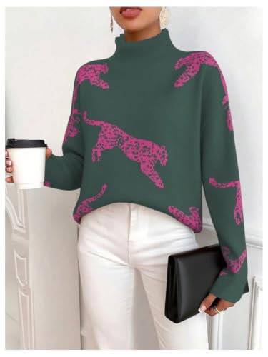 Image of WDIRARA Women's Leopard Tiger Print Sweater High Neck Long Sleeve Fuzzy Knitted Pullover Top