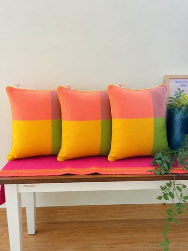 Image of RANGBHAR Handloom 100% Cotton Cushion Cover Set of 3 | Cushion with All-Around Piping for Premium Finish | 16x16 Inches Hand Woven Striped Cushion Covers - Yellow