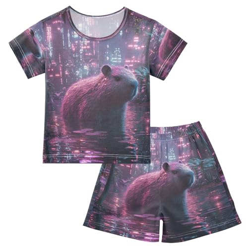 Pajama Sets Short Sleeve Cute Neon Capybaras Soft Cotton Summer Sleepwear 2 Piece PJS Size 5-14T