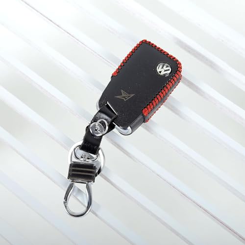 Image of Leather Smart Car Key Cover Case with Metal Hook Keychain Superb, Octavia, Jetta, Passat, Tiguan (Black)