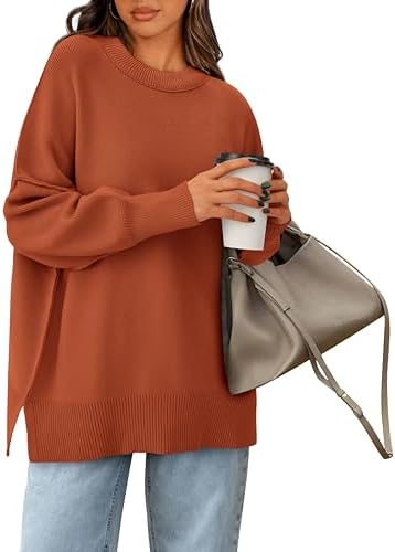 PRETTYGARDEN Women's Oversized Sweater 2025 Casual Fall Outfits Crewneck Long Sleeve Side Slit Chunky Knit Pullover Tops