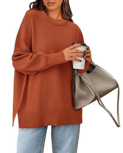 PRETTYGARDEN Women's Oversized Sweater 2025 Casual Fall Outfits Crewneck Long Sleeve Side Slit Chunky Knit Pullover Tops(Caramel,Large)