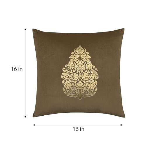 Image of Wakefit Designer Cushion Cover | 16x16 inch | Velvet Foil Print Fabric | Machine Washable | Pack of 1 | Leaf Gold | Brown Fabric & Golden Print