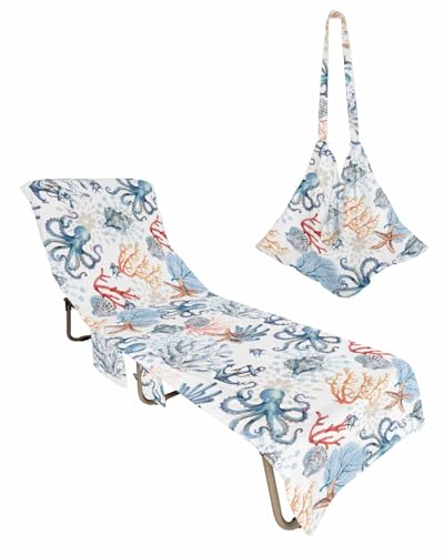 Coastal Octopus Beach Chair Cover with Side Pockets, Microfiber & Quick Dry Pool Chaise Lounge Chair Towels Covers for Sun Sunbathing Patio Garden Hotel, Starfish Shell Coral Nautical Anchor Summer