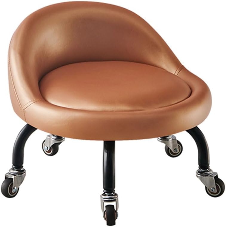 Low Roller Stool with 360° Swivel Wheels, Low-Height Short Rolling Stool Seat, PU Leather Small Mechanic Chair, Rolling Stools with Backrest for Pedicure, Garage, Shop, Library Brown