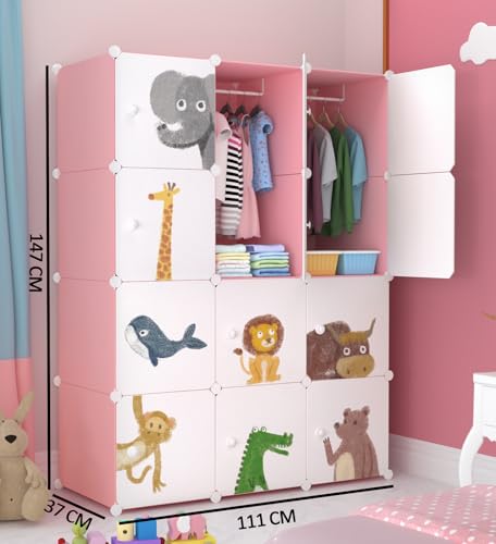 Image of Sunderlook Plastic Wardrobe for Kids Clothes - Collapsible Wardrobe, Easy to Use Anti-Skid & Non-Slip Effective Professional Foldable Plastic Cupboard for Kids, Home (Pink-KTM2, 12 Door)