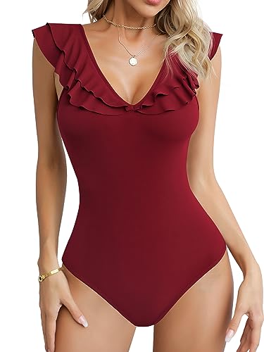 Missufe Elegant Bodysuit Rüschen Kurzarm Top Damen Body Sommer Ribbed Tank...