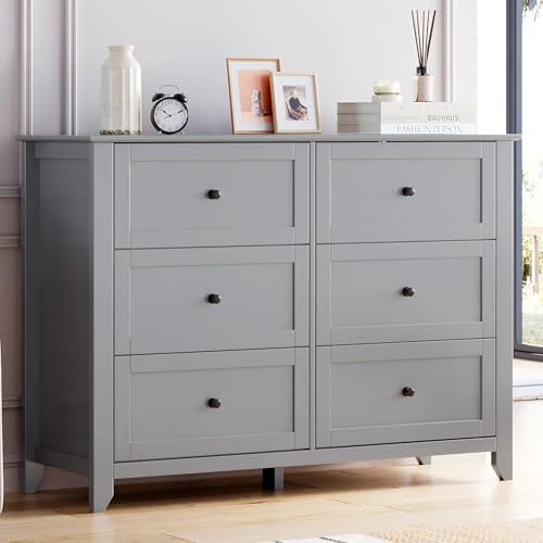 Image of GarveeHome Grey 6 Drawer Dresser for Bedroom, Simply Modern Chest of Drawers, Wood Storage Double Dresser with Deep Drawers for Living Room, Hallway Entryway
