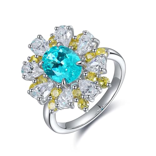 Anillo de compromiso de plata de ley 925, alianzas de boda para mujer, flor de plata con turmalina paraiba creada de 3,18 quilates con circonita amarilla, talla 1/2