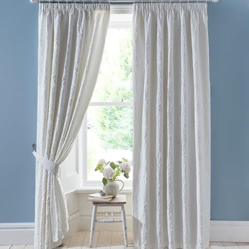 Appletree - White Jacquard Curtains W66 x L90 (168 x 229cm) - 2 Tie Backs Included - 2 Panels - Lined - Floral Curtains in White - Embossed Pencil Pleat Curtains - Luxury Curtains and Drapes
