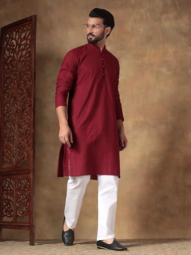 Image of Men's Solid Regular Fit Ethnic Wear White Kurta Pajama Set with Front Pocket