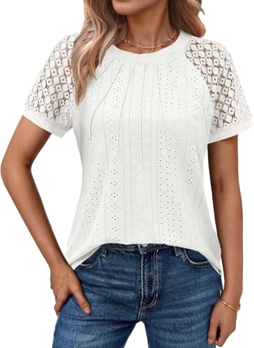 Pawate Spitzen Bluse Damen Kurzarm Oberteil Sommer Shirt elegant Tunika blusen(weiß/M)