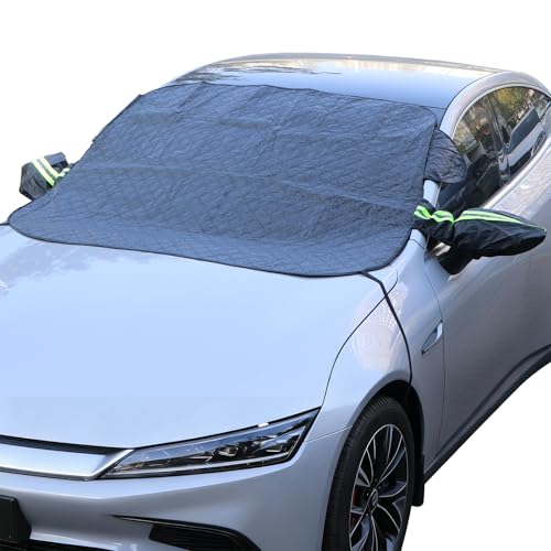 Poxvalzor 2025最新型 車用凍結防止カバー カーフロントガラスカバー フロントカバー 凍結防止シート 車用 サンシェード 防風フック2本固定式 ミラー保護カバー付き 厚手 内蔵強力磁石9枚 防雪防水防風防塵 日よけ 遮光断熱 取付簡単 折り畳み式 凍結/積雪/霜/雹/落葉対策 軽自動車 小型SUV セダンに適用 サイズ157*126cm