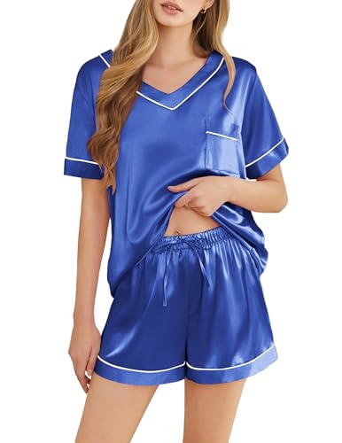 Image of Silk Pajamas for Women Short Sleeve Satin 2 Piece Pj Set Soft V Neck Sleepwear Loungewear, S-XXL