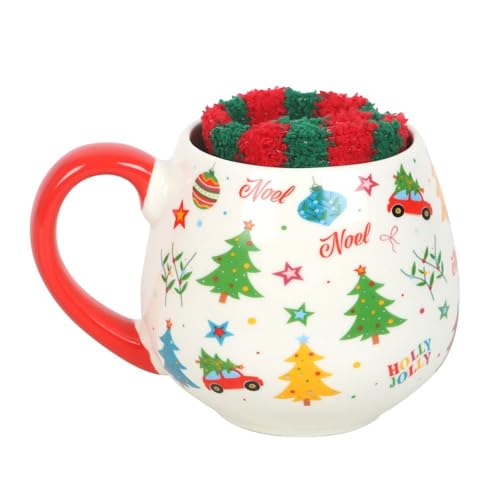 Juego de taza y calcetines con estampado navideño nostálgico, taza festiva de 500 ml con mango rojo y calcetines acogedores a rayas, apto para lavavajillas y microondas, perfecto para noches cálidas