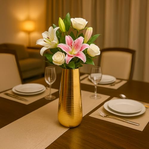 Image of Market99 Golden Metal Flower Holder|Tapered Cylinder Shape Vase with Ribbed Design & Glossy Texture|Decorative Accent for Living Room, Tabletop, Shelf, Office & Gifting|Sleek, Refined & Stylish Decor