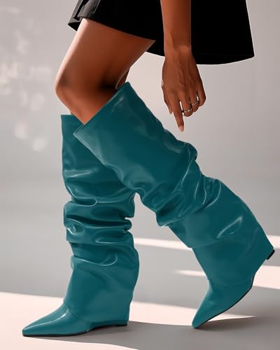 MODENCOCO Women's Fold Over Knee High Boots Wedge Heel Pointed Toe Boots High Heels Wide Calf Ruched Slouchy Pleated Dress Boots Tall Boots for Women2