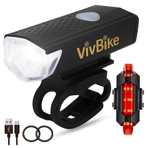 HerTime2 VivBike Rechargeable Bike Light Set – 300 Lumen LED Front & Rear Lights, IPX4 Waterproof, USB Rechargeable, Universal Quick-Release Mount