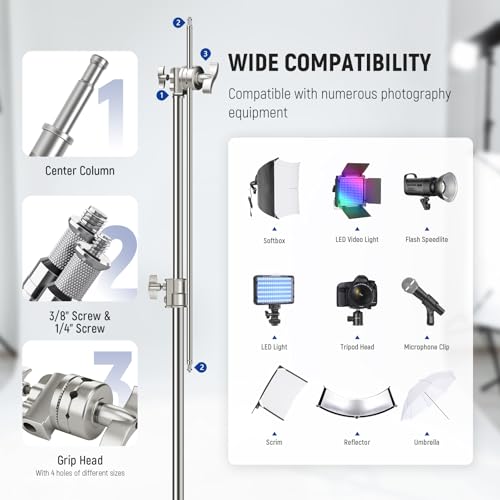 Image of NEEWER SC186W Stainless Steel Heavy Duty C Stand with Swivel Casters | 43 inch-73 inch /110-186cm, Photography Light Stand, 33 inch /83cm Boom Arm, 2 Grip Heads, for Studio Monolight, Softbox, Reflector
