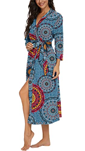 Image of VINTATRE Robes for Women Long Knit Bathrobe XS-4XL | 3 /4 Sleeve Bathrobes with Pockets, Stretchy and Lightweight Fabric, Inner Tie and Fixed Outer Matching Belt, Mid Calf Length