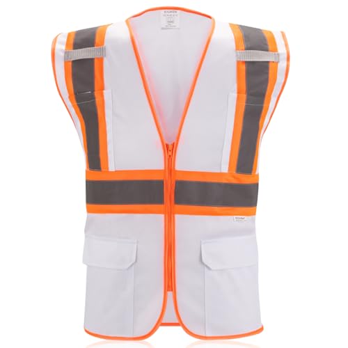 SULWZM High Visibility Reflective Safety Vest with Zipper and Pockets White,L