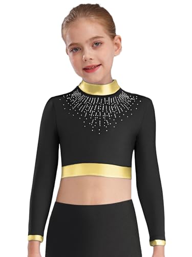 Kids Girls Crop Tops Sparkle Rhinestones Gymnastics Dance Crop Tops Athletic Dance Tee Shirts