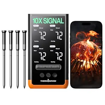 Wireless Bluetooth Smart Meat Thermometer: Standalone Base, WiFi Thermometer with Sub-1G, 6 Sensors NIST Certified Accuracy, 4 Probes, for Kitchen, BBQ, Grill, Oven, Smoker, Rotisserie