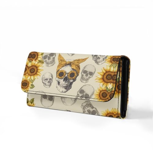 Image of AFPANQZ Skull with Sunflower Trifold Long Clutch Wallets for Girls Womens Large Capacity Purse Portable Handbag Purses for Travel Party Shopping Outdoor Card Holder