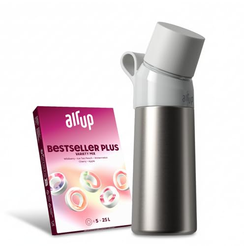 AIR UP® Steel water bottle Twist Pro made of stainless steel Original Starter Set incl. pods in 5 flavours, sugar-free I 480ml insulated bottle with flavour, keeps water cold for 14 hours I Silver
