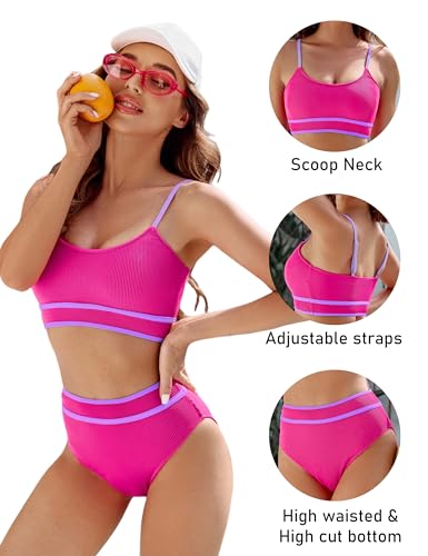 Image of BMJL Women's High Waisted Bikini Ribbed Two Piece Swimsuit High Cut Color Block Adjustable Straps Bathing Suit