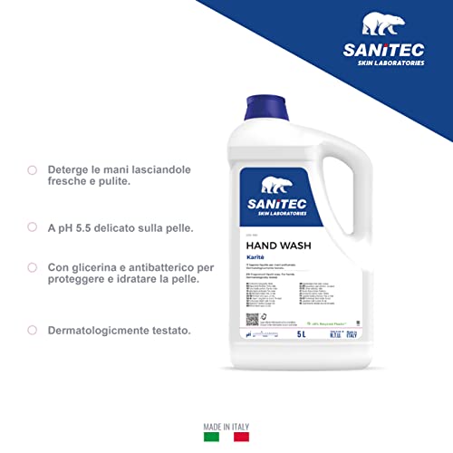 Sanitec, Hand Wash, Sapone Liquido Per Le Mani Profumato Idratante Con Glicerina, Deterge Le Mani Lasciandole Fresche E Pulite, Ph 5.5, Made In Italy, Dermatologicamente Testato, 5 L - 2